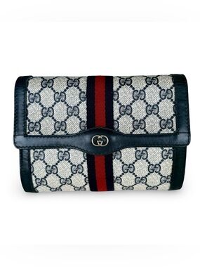 Gucci Navy/Red Web GG Monogram Clutch with Gold Double G SMALL